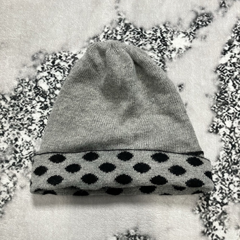 Portolano Polka Dot Knit Beanie Hat Gray Black Angora Wool Blend NWT